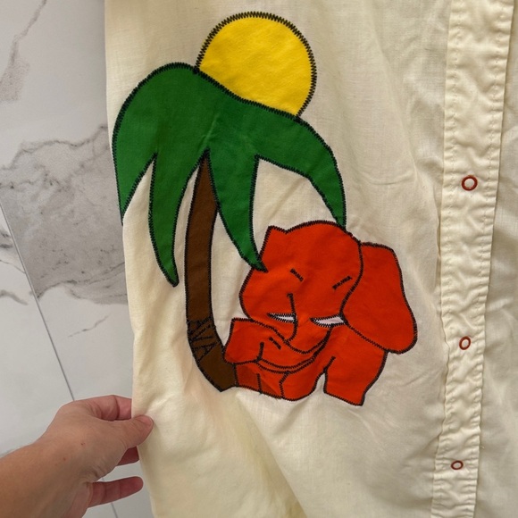 Vintage Cream Button-Up Night Gown Dress w Elephant Palm Tree Patch - Picture 3 of 5